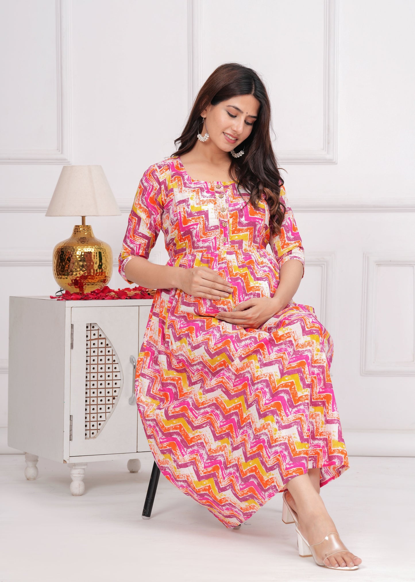 Hima Premium Cotton Anarkali Feeding & Maternity Kurti – 48 Inch Length, 2 Side Zips All-Day Comfort for Moms (White Purple Rose)