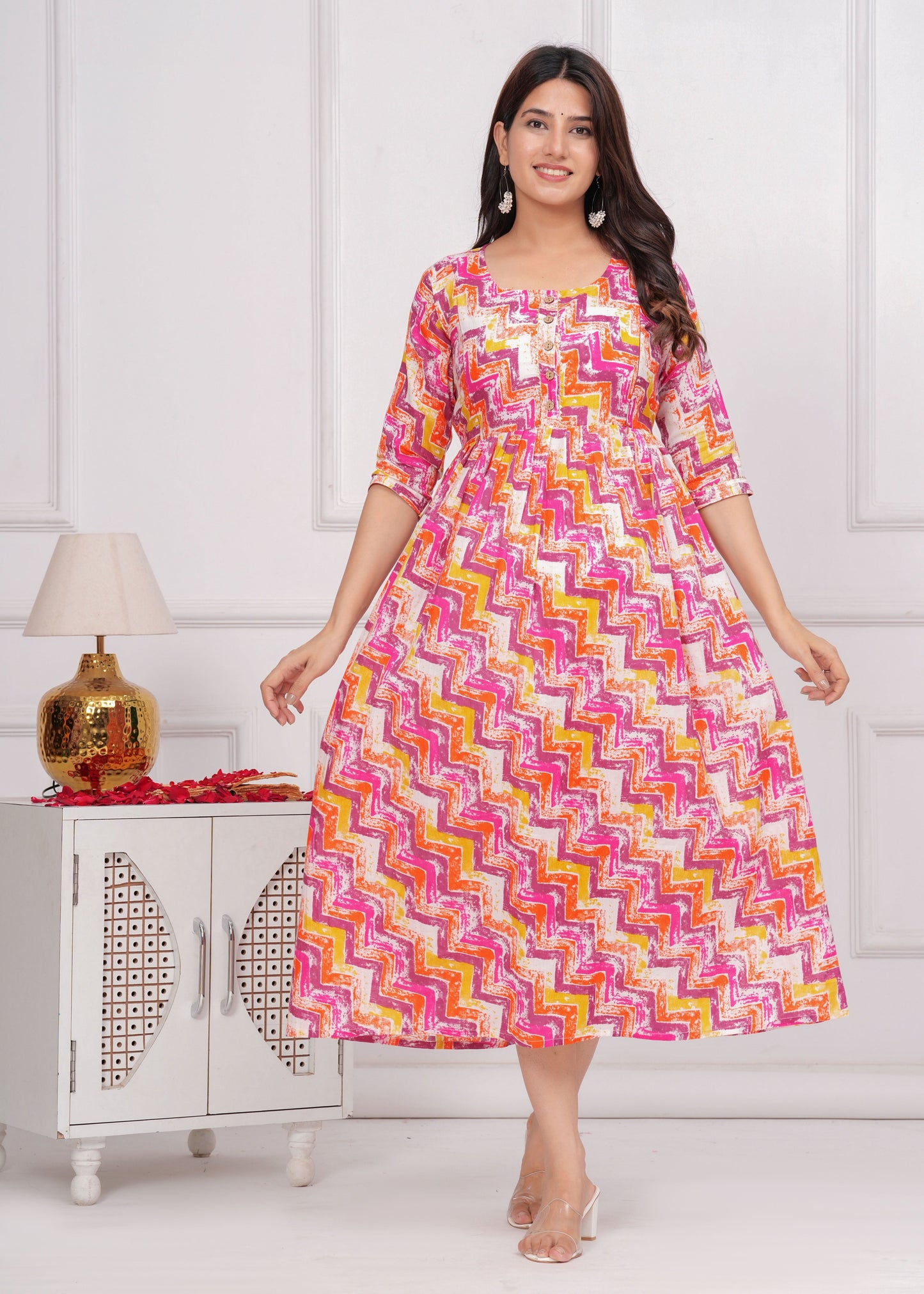 Hima Premium Cotton Anarkali Feeding & Maternity Kurti – 48 Inch Length, 2 Side Zips All-Day Comfort for Moms (White Purple Rose)