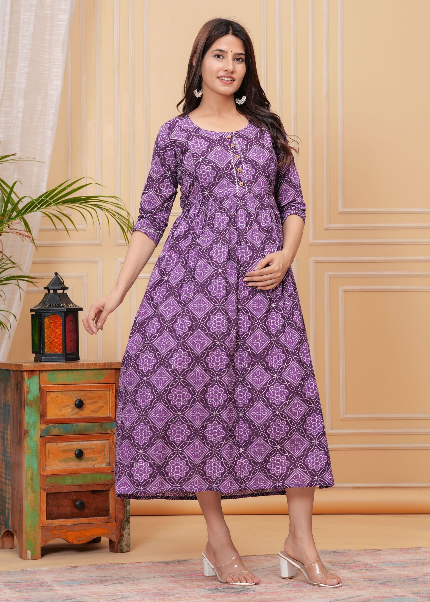 Hima Premium Cotton Anarkali Feeding & Maternity Kurti β 48 Inch Length, 2 Side Zips All-Day Comfort for Moms (Purple)