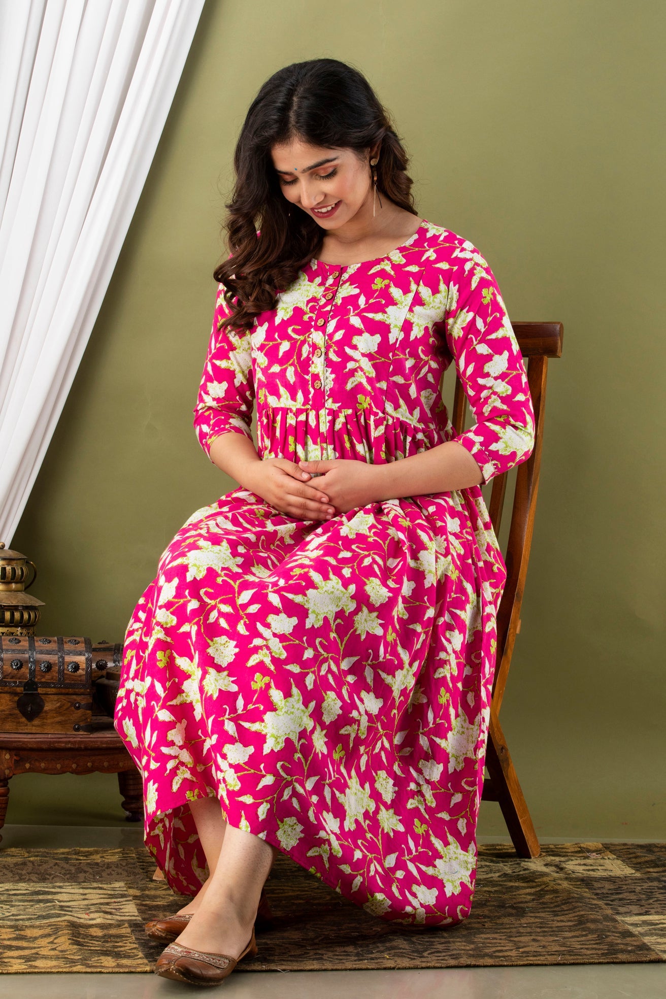 Hima Premium Cotton Anarkali Feeding & Maternity Kurti – 48 Inch Length, 2 Side Zips All-Day Comfort for Moms (Pink)
