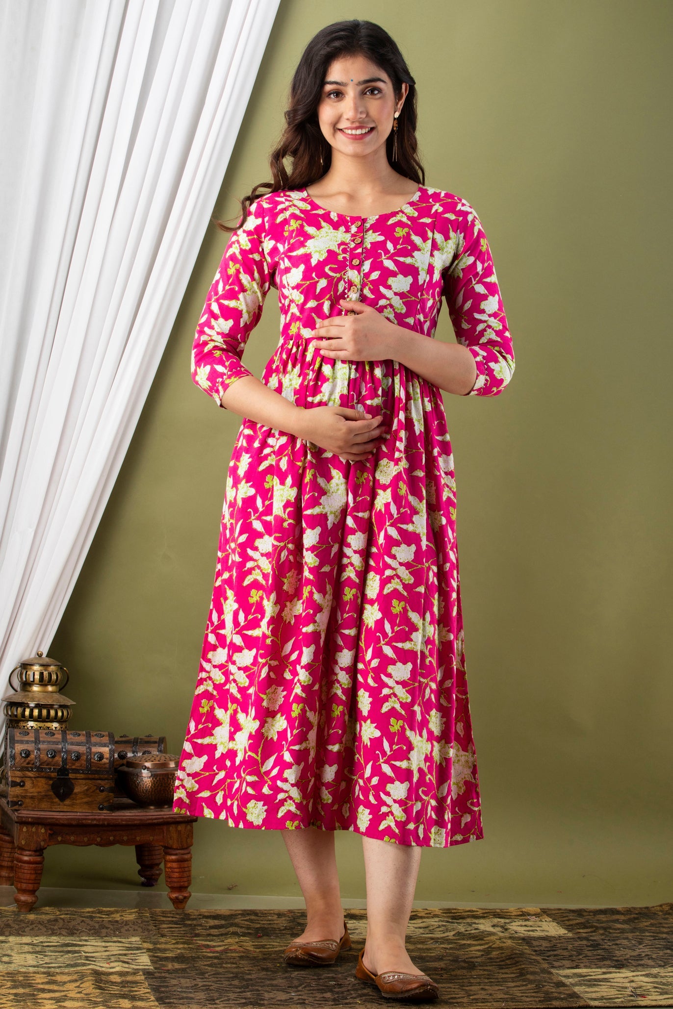 Hima Premium Cotton Anarkali Feeding & Maternity Kurti – 48 Inch Length, 2 Side Zips All-Day Comfort for Moms (Pink)