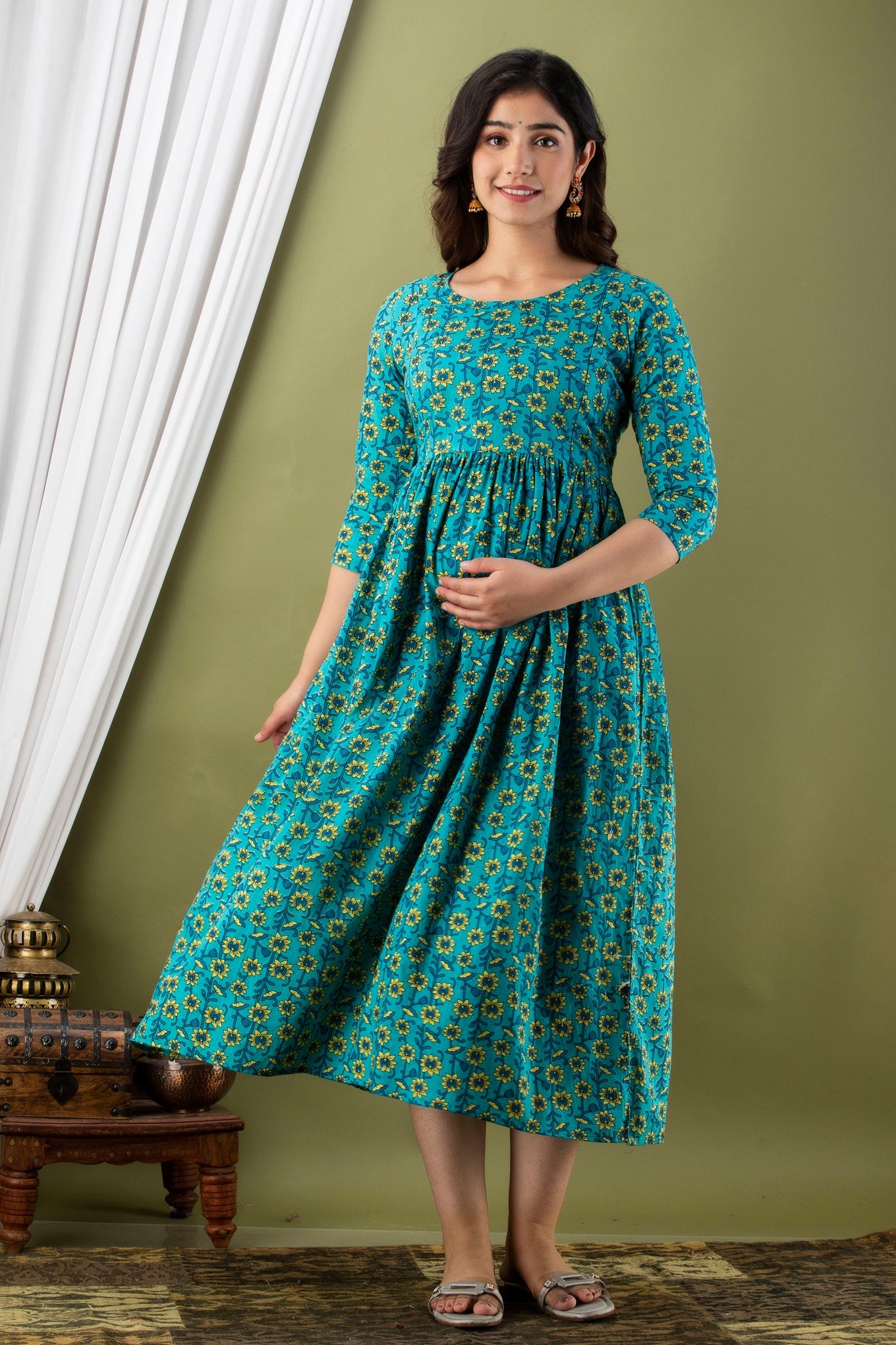 Hima Premium Cotton Anarkali Feeding & Maternity Kurti – 48 Inch Length, 2 Side Zips All-Day Comfort for Moms (Light Blue)