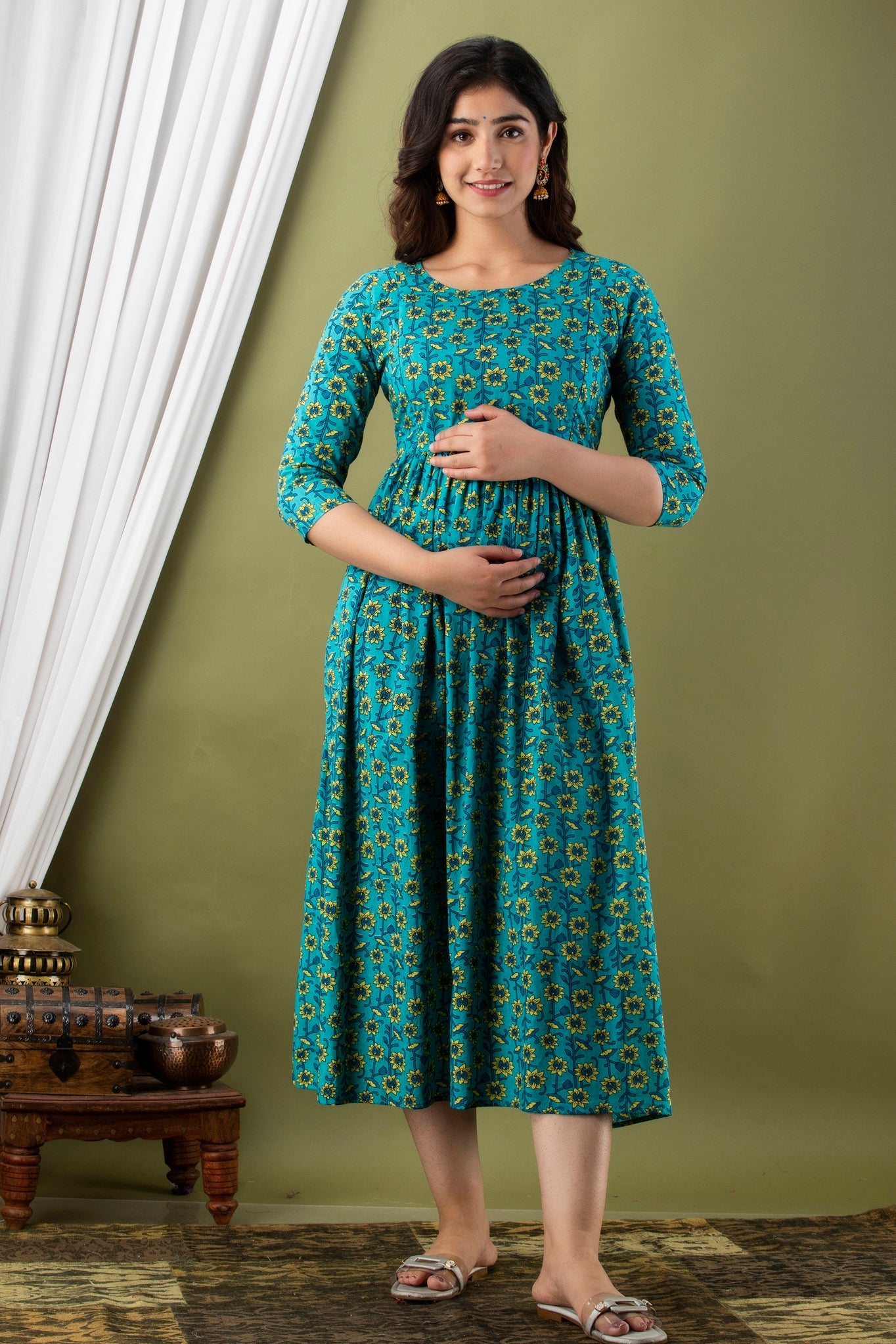 Hima Premium Cotton Anarkali Feeding & Maternity Kurti – 48 Inch Length, 2 Side Zips All-Day Comfort for Moms (Light Blue)