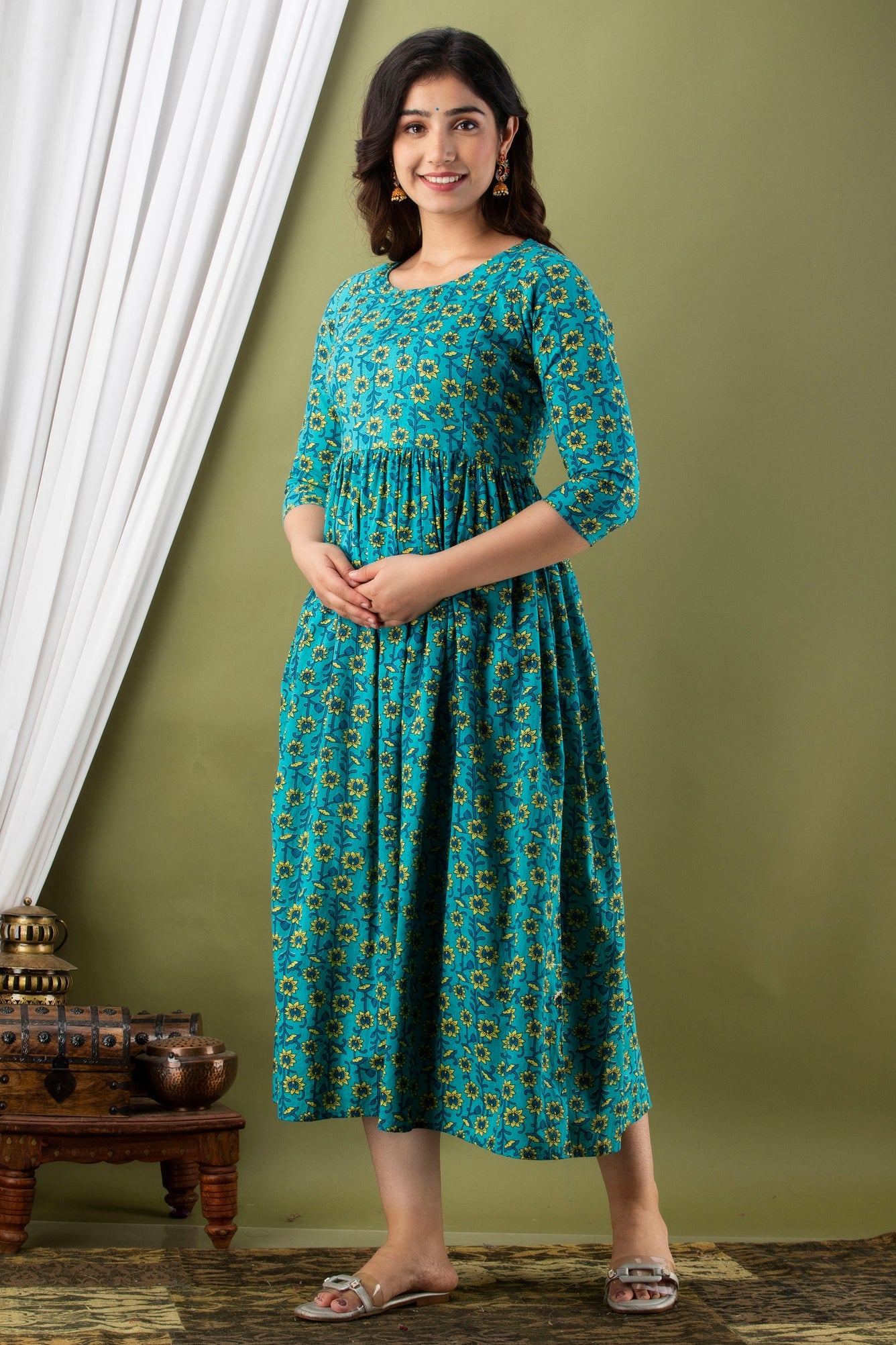 Hima Premium Cotton Anarkali Feeding & Maternity Kurti – 48 Inch Length, 2 Side Zips All-Day Comfort for Moms (Light Blue)