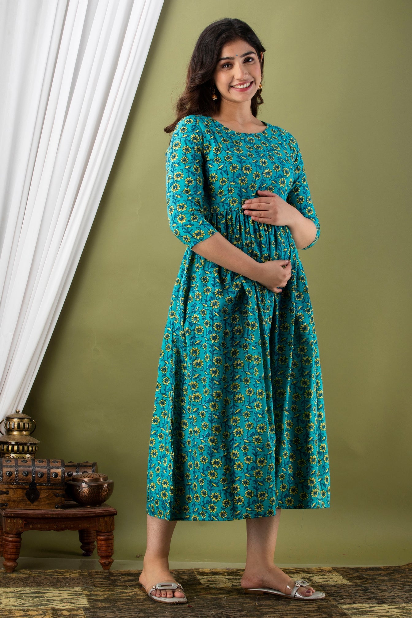 Hima Premium Cotton Anarkali Feeding & Maternity Kurti – 48 Inch Length, 2 Side Zips All-Day Comfort for Moms (Light Blue)