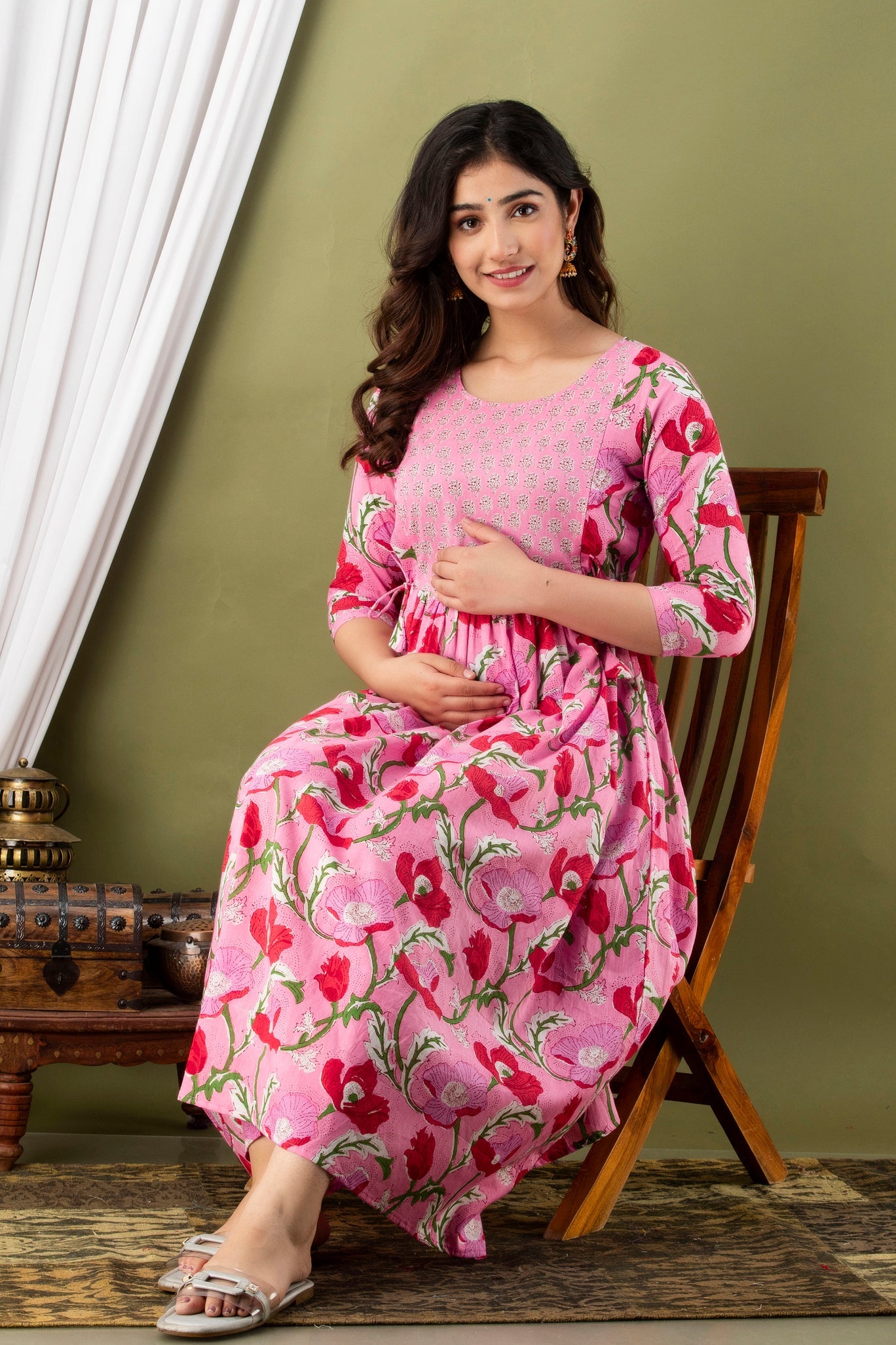 Hima Premium Cotton Anarkali Feeding & Maternity Kurti – 48 Inch Length, 2 Side Zips All-Day Comfort for Moms (Pink)