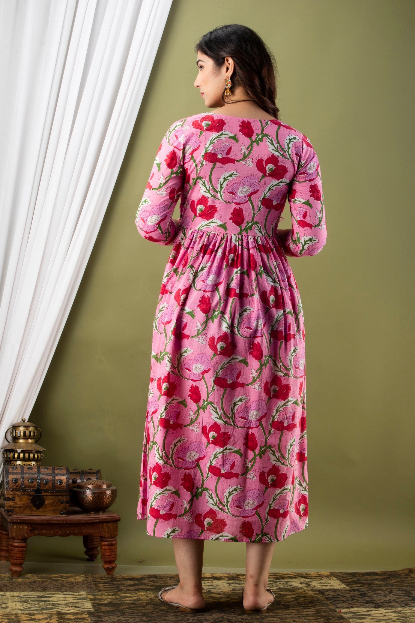 Hima Premium Cotton Anarkali Feeding & Maternity Kurti – 48 Inch Length, 2 Side Zips All-Day Comfort for Moms (Pink)
