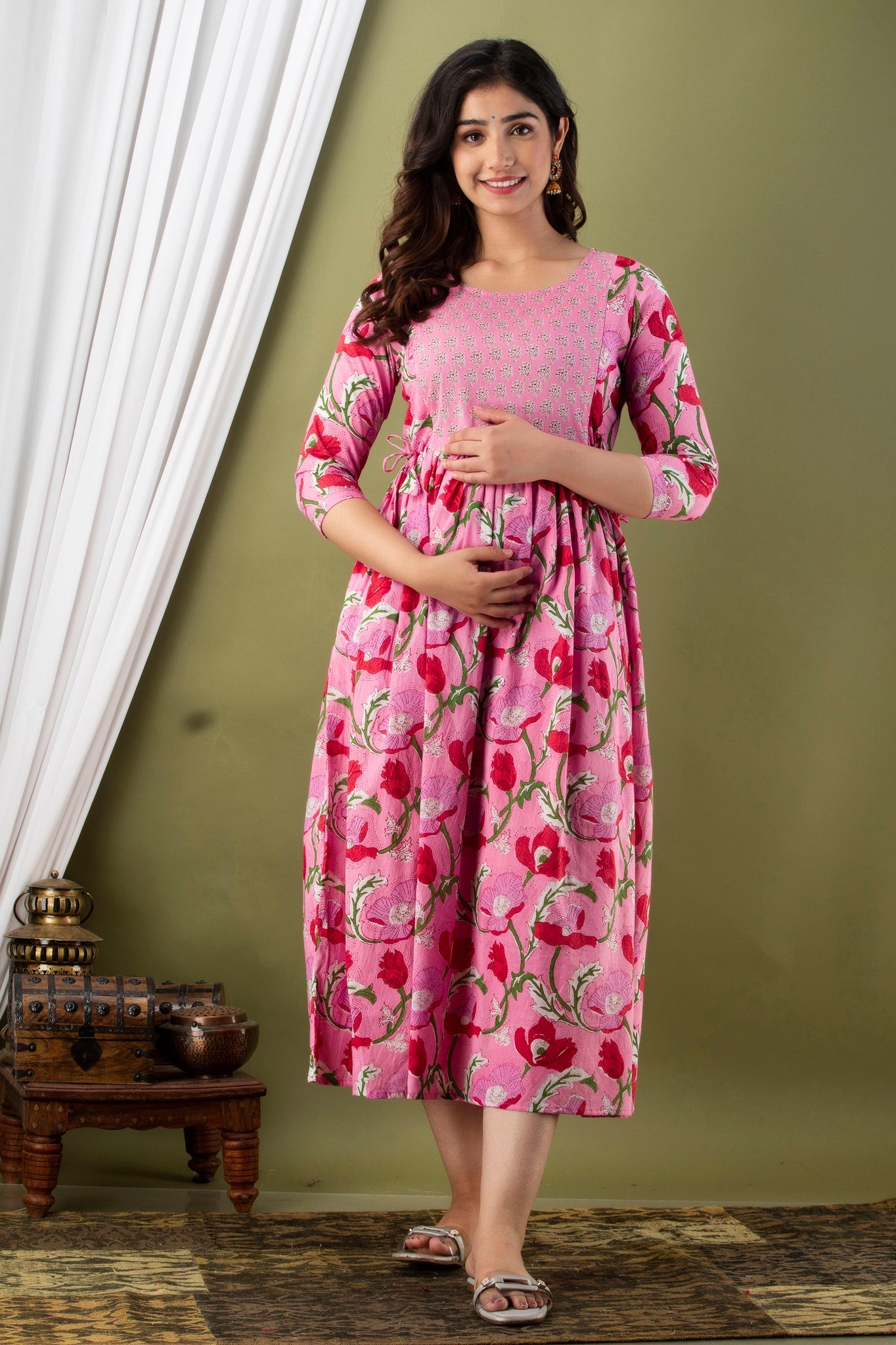 Hima Premium Cotton Anarkali Feeding & Maternity Kurti – 48 Inch Length, 2 Side Zips All-Day Comfort for Moms (Pink)