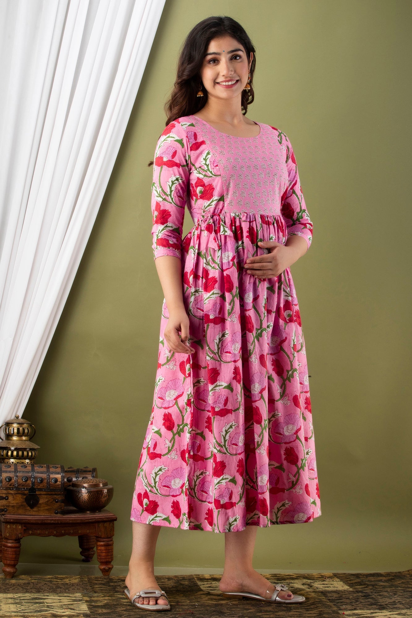 Hima Premium Cotton Anarkali Feeding & Maternity Kurti – 48 Inch Length, 2 Side Zips All-Day Comfort for Moms (Pink)