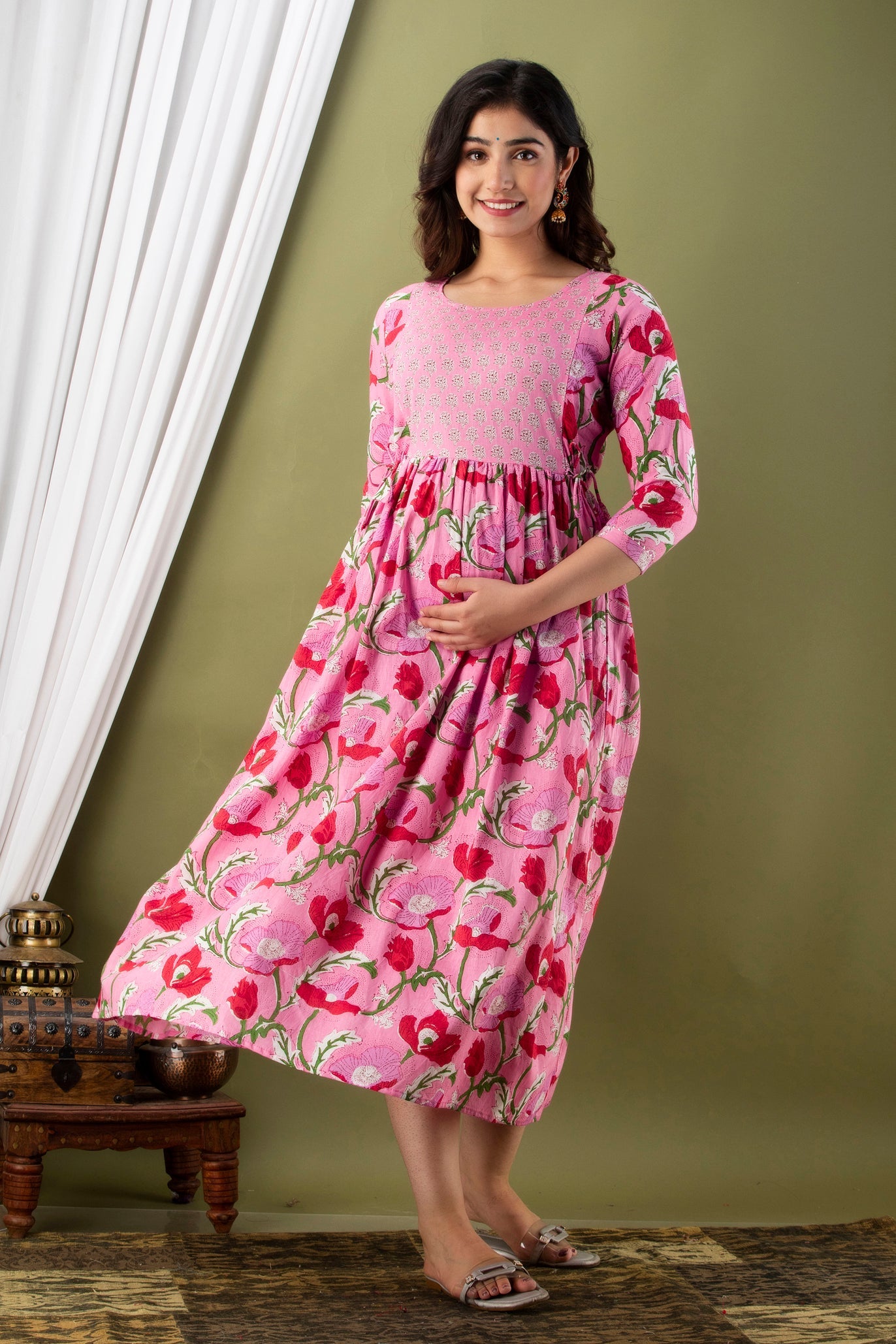 Hima Premium Cotton Anarkali Feeding & Maternity Kurti – 48 Inch Length, 2 Side Zips All-Day Comfort for Moms (Pink)