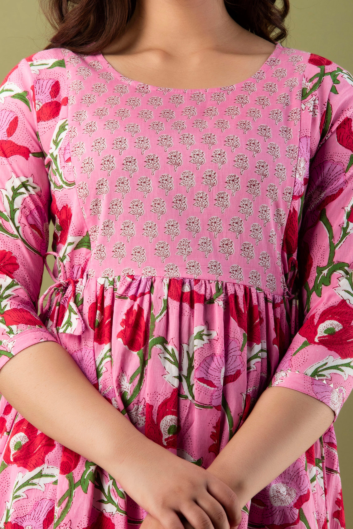 Hima Premium Cotton Anarkali Feeding & Maternity Kurti – 48 Inch Length, 2 Side Zips All-Day Comfort for Moms (Pink)