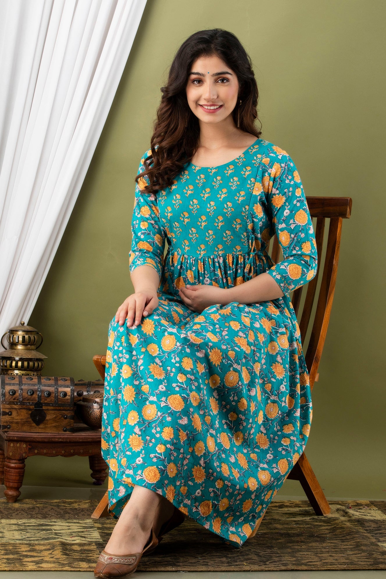 Hima Premium Cotton Anarkali Feeding & Maternity Kurti – 48 Inch Length, 2 Side Zips All-Day Comfort for Moms (Blue)