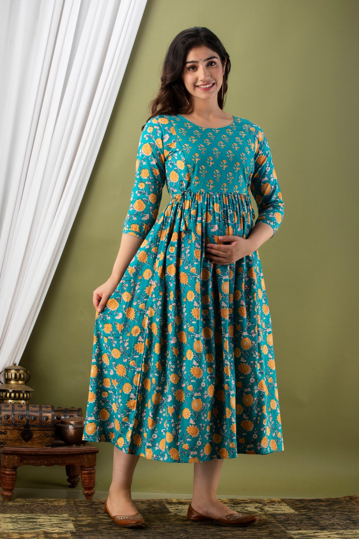 Hima Premium Cotton Anarkali Feeding & Maternity Kurti – 48 Inch Length, 2 Side Zips All-Day Comfort for Moms (Blue)
