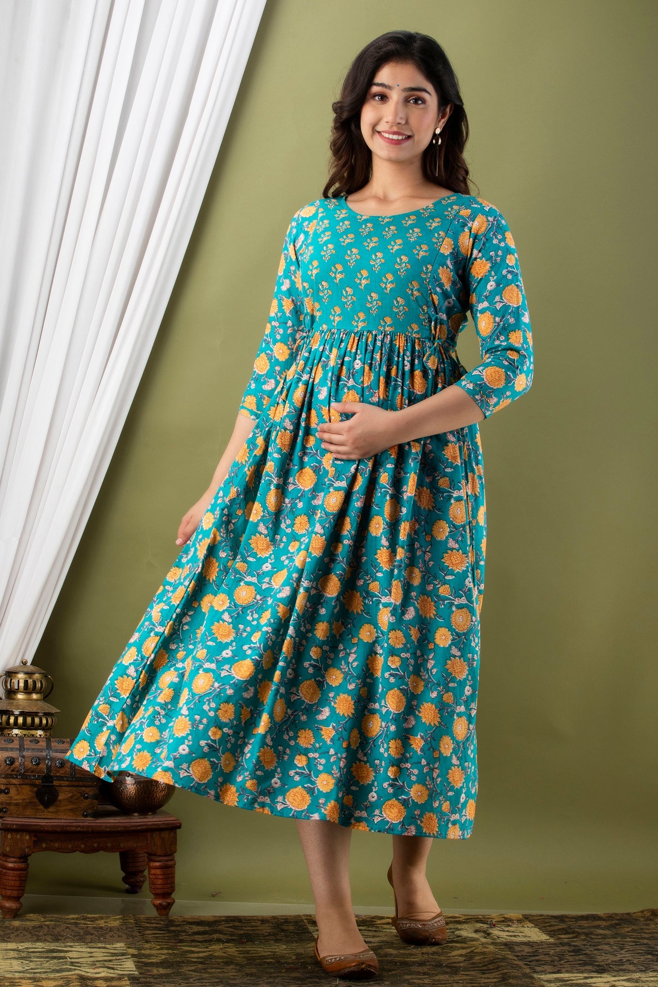 Hima Premium Cotton Anarkali Feeding & Maternity Kurti – 48 Inch Length, 2 Side Zips All-Day Comfort for Moms (Blue)