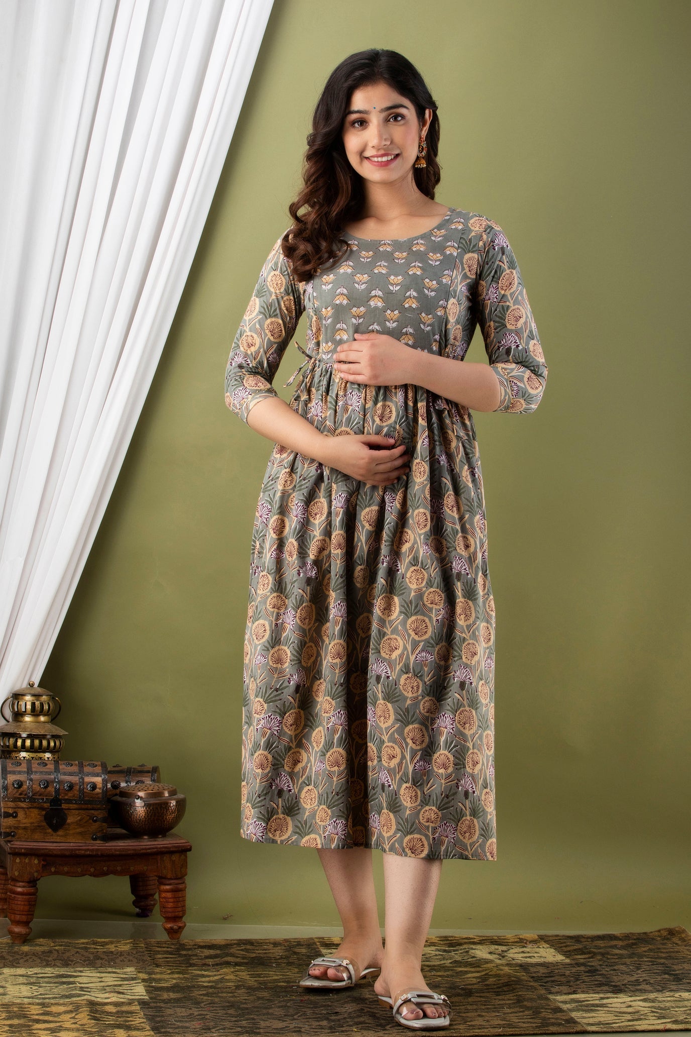 Hima Premium Cotton Anarkali Feeding & Maternity Kurti – 48 Inch Length, 2 Side Zips All-Day Comfort for Moms (Grey)