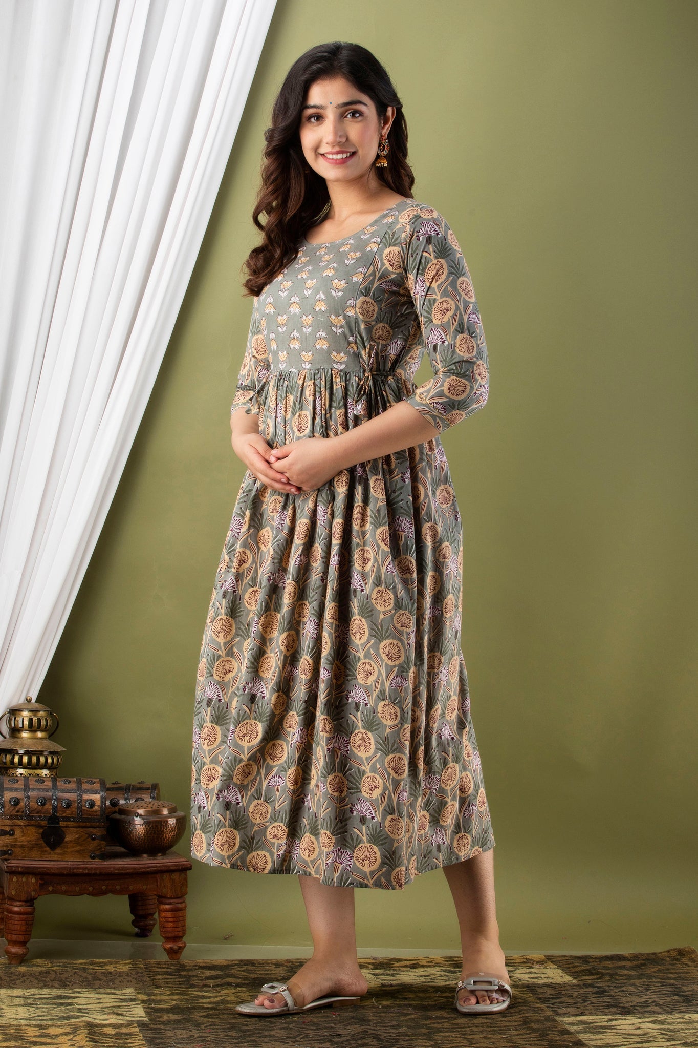 Hima Premium Cotton Anarkali Feeding & Maternity Kurti – 48 Inch Length, 2 Side Zips All-Day Comfort for Moms (Grey)