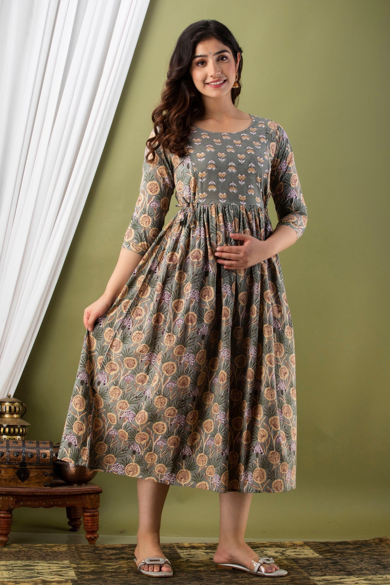 Hima Premium Cotton Anarkali Feeding & Maternity Kurti – 48 Inch Length, 2 Side Zips All-Day Comfort for Moms (Grey)