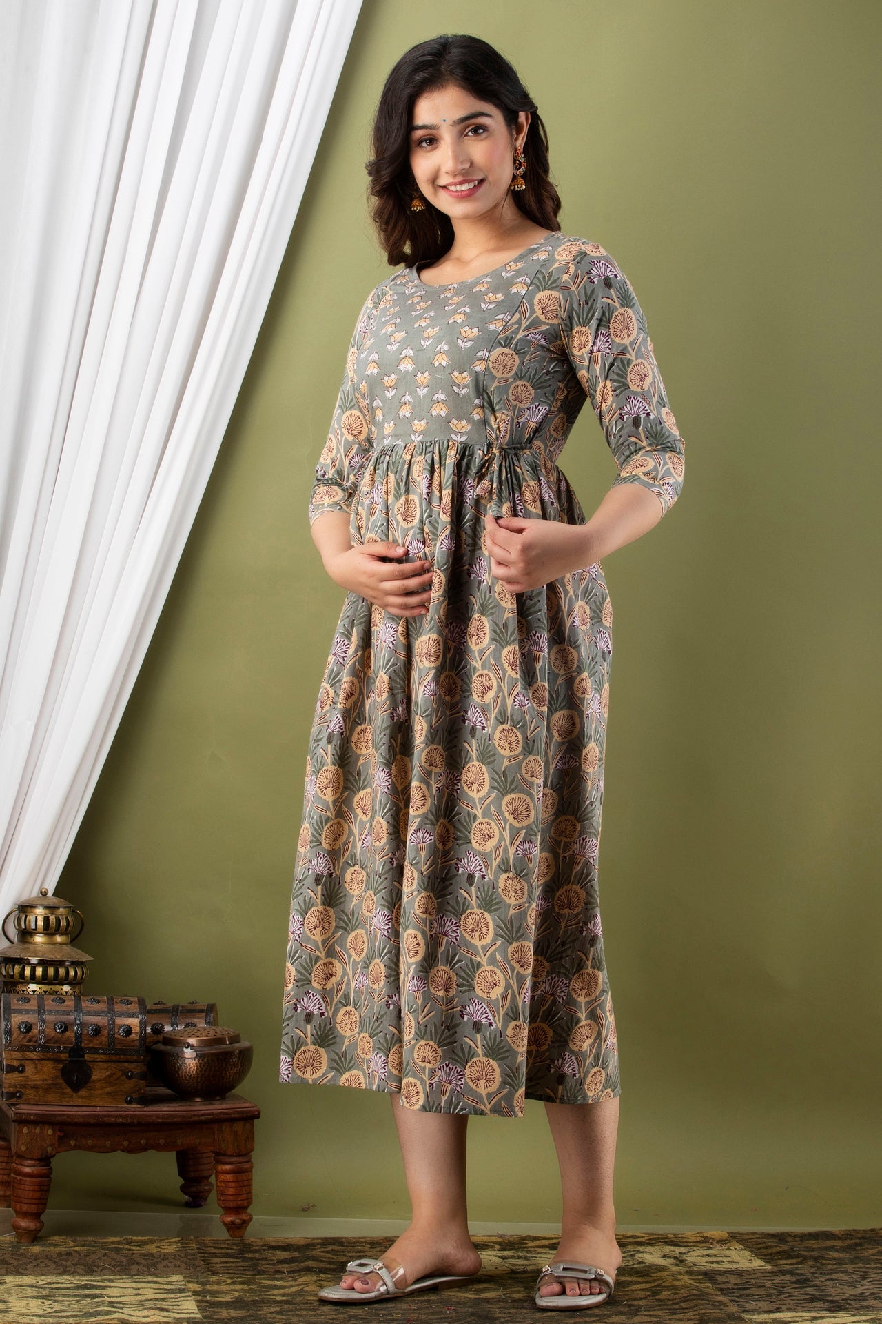 Hima Premium Cotton Anarkali Feeding & Maternity Kurti – 48 Inch Length, 2 Side Zips All-Day Comfort for Moms (Grey)