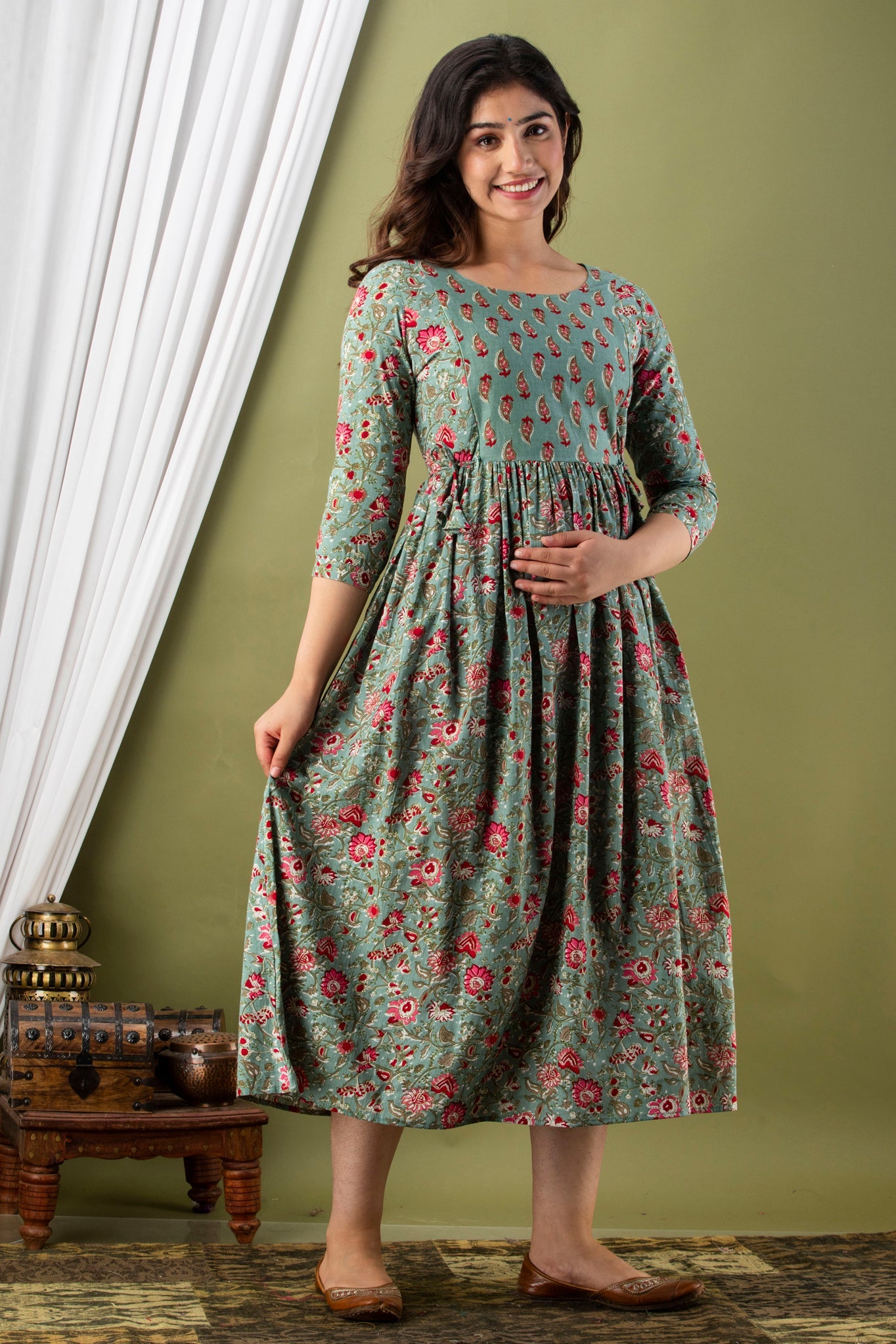 Hima Premium Cotton Anarkali Feeding & Maternity Kurti – 48 Inch Length, 2 Side Zips All-Day Comfort for Moms (Grey)