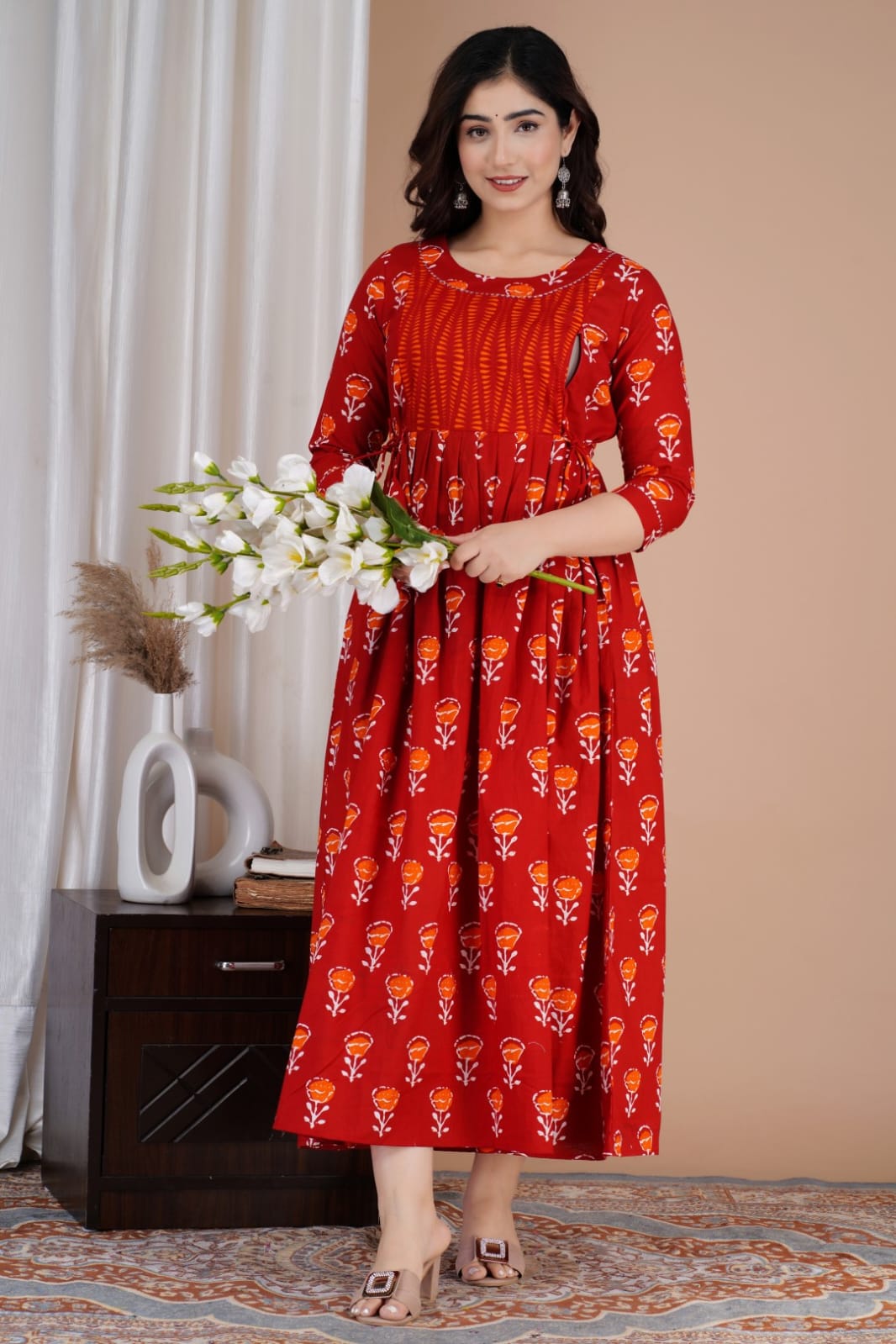 Hima Premium Cotton Anarkali Feeding & Maternity Kurti – 48 Inch Length, 2 Side Zips All-Day Comfort for Moms (Red)