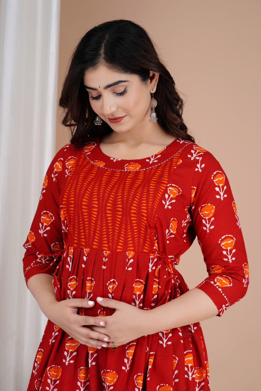 Hima Premium Cotton Anarkali Feeding & Maternity Kurti – 48 Inch Length, 2 Side Zips All-Day Comfort for Moms (Red)
