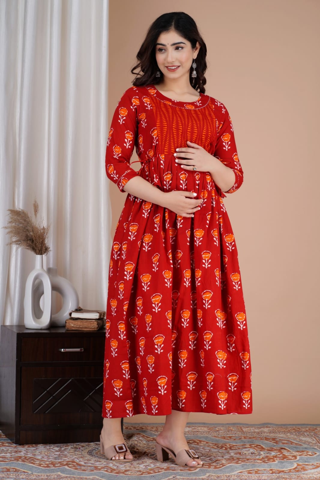 Hima Premium Cotton Anarkali Feeding & Maternity Kurti – 48 Inch Length, 2 Side Zips All-Day Comfort for Moms (Red)