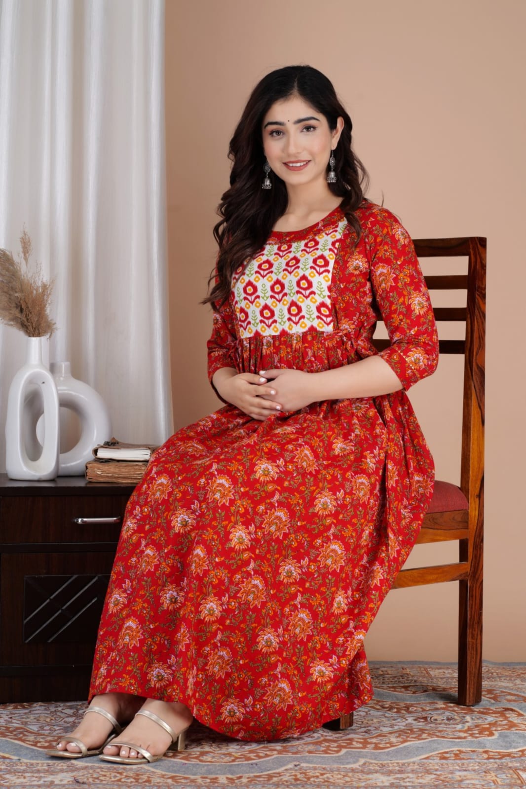 Hima Premium Cotton Anarkali Feeding & Maternity Kurti – 48 Inch Length, 2 Side Zips All-Day Comfort for Moms (Red)