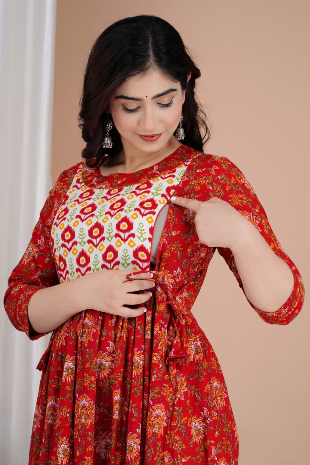 Hima Premium Cotton Anarkali Feeding & Maternity Kurti – 48 Inch Length, 2 Side Zips All-Day Comfort for Moms (Red)