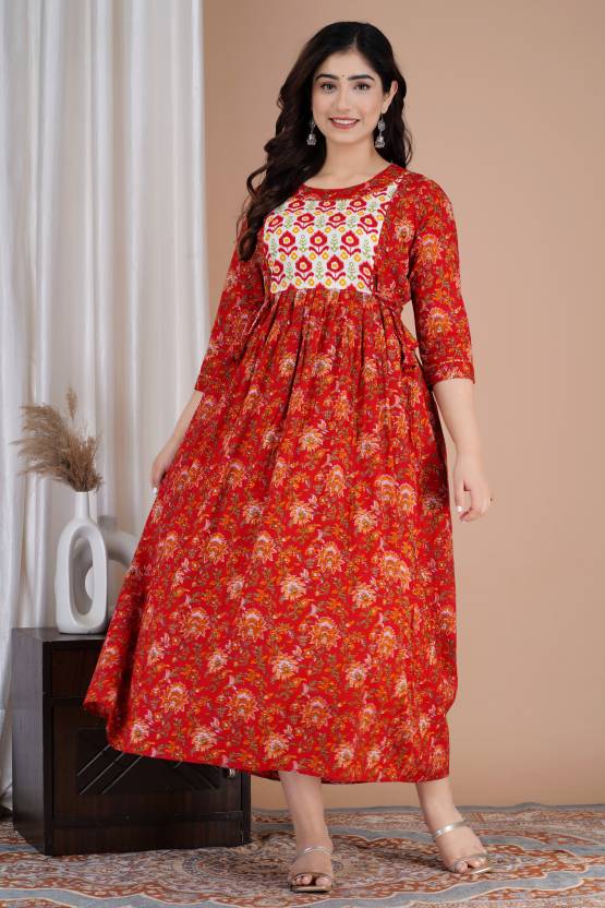 Hima Premium Cotton Anarkali Feeding & Maternity Kurti – 48 Inch Length, 2 Side Zips All-Day Comfort for Moms (Red)