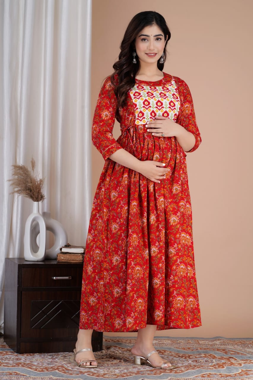 Hima Premium Cotton Anarkali Feeding & Maternity Kurti – 48 Inch Length, 2 Side Zips All-Day Comfort for Moms (Red)