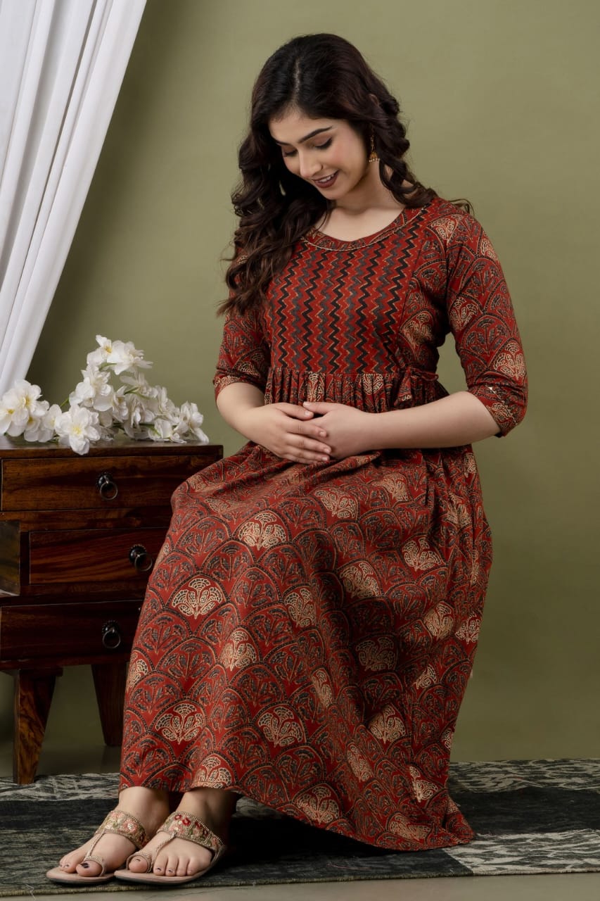 Hima Premium Cotton Anarkali Feeding & Maternity Kurti – 48 Inch Length, 2 Side Zips All-Day Comfort for Moms (Brown)