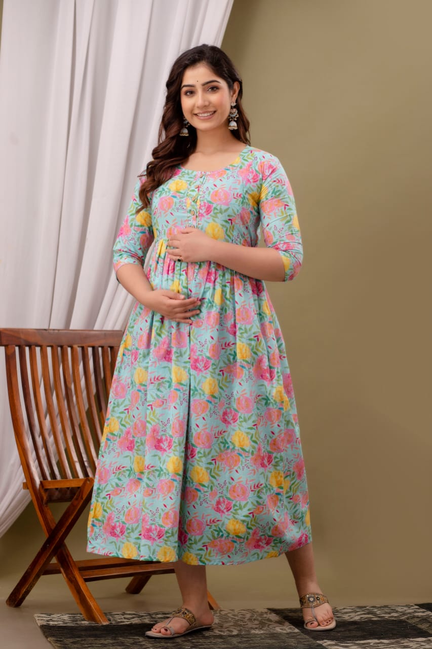 Hima Premium Cotton Anarkali Feeding & Maternity Kurti – 48 Inch Length, 2 Side Zips All-Day Comfort for Moms (Multi)