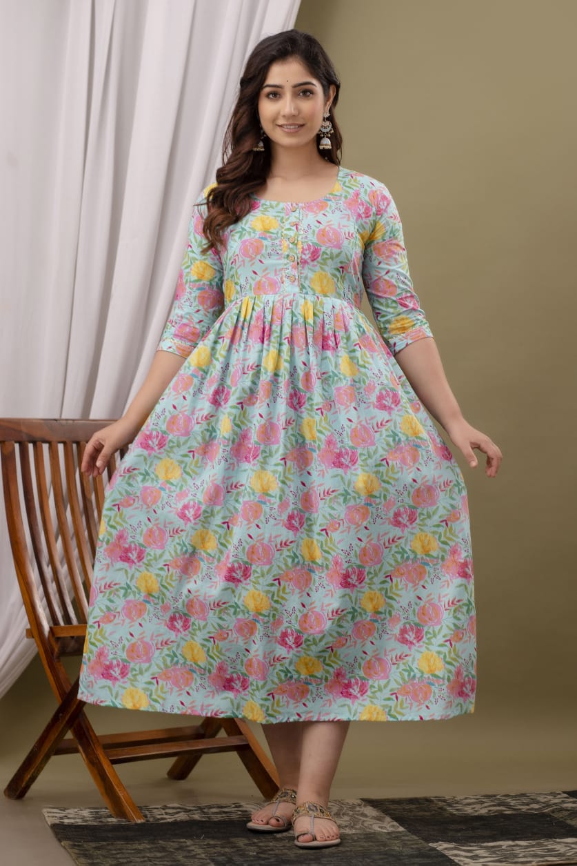 Hima Premium Cotton Anarkali Feeding & Maternity Kurti – 48 Inch Length, 2 Side Zips All-Day Comfort for Moms (Multi)