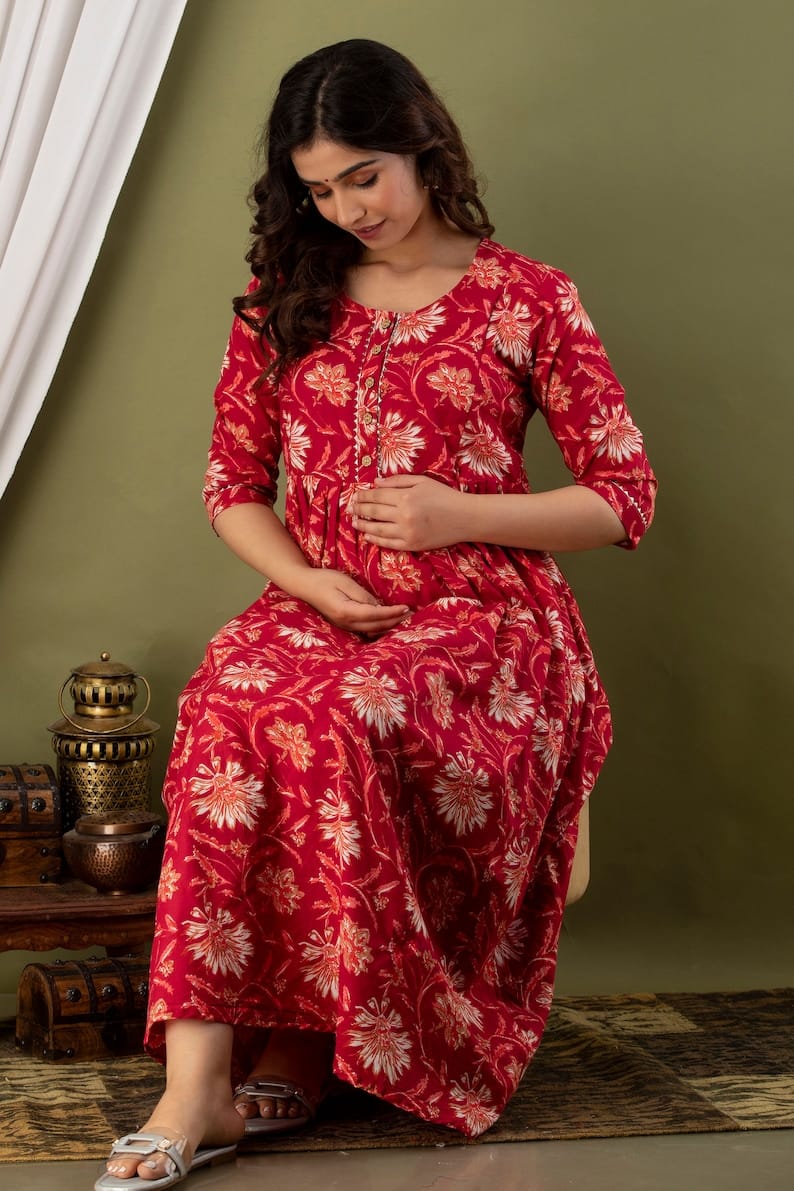 Hima Anarkali Feeding & Maternity Kurti β Effortless Style & All-Day Comfort for Moms (Red)