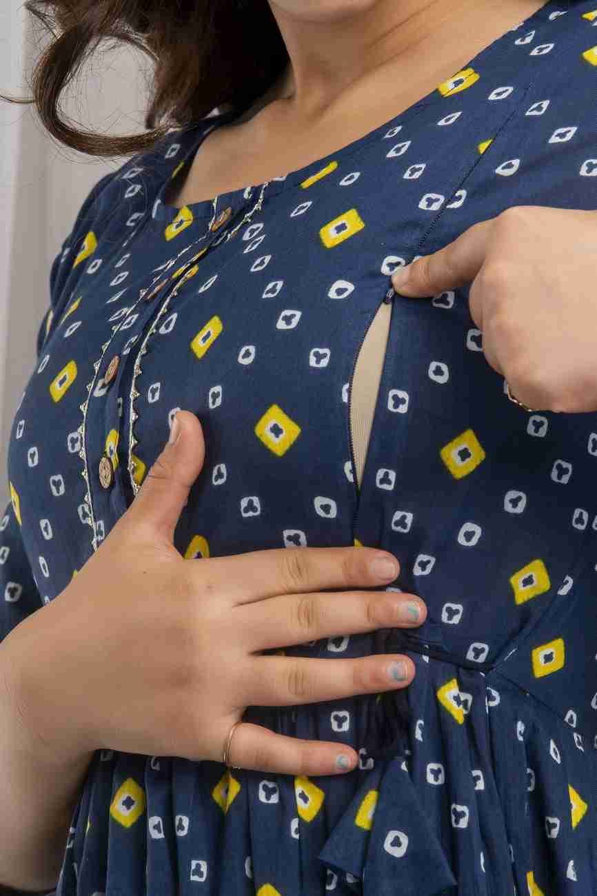 Hima Premium Cotton Anarkali Feeding & Maternity Kurti – 48 Inch Length, 2 Side Zips All-Day Comfort for Moms (Dark Blue)
