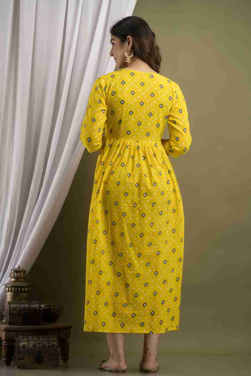Hima Premium Cotton Anarkali Feeding & Maternity Kurti β 48 Inch Length, 2 Side Zips All-Day Comfort for Moms (Yellow)