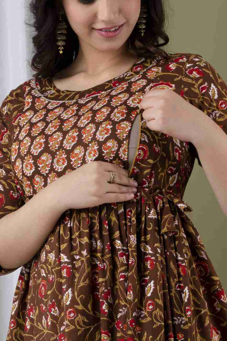 Hima Premium Cotton Anarkali Feeding & Maternity Kurti – 48 Inch Length, 2 Side Zips All-Day Comfort for Moms (Brown)
