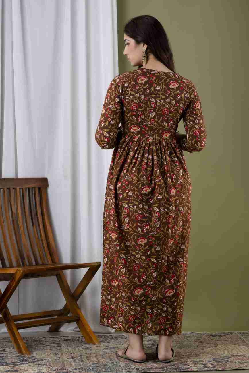 Hima Premium Cotton Anarkali Feeding & Maternity Kurti – 48 Inch Length, 2 Side Zips All-Day Comfort for Moms (Brown)