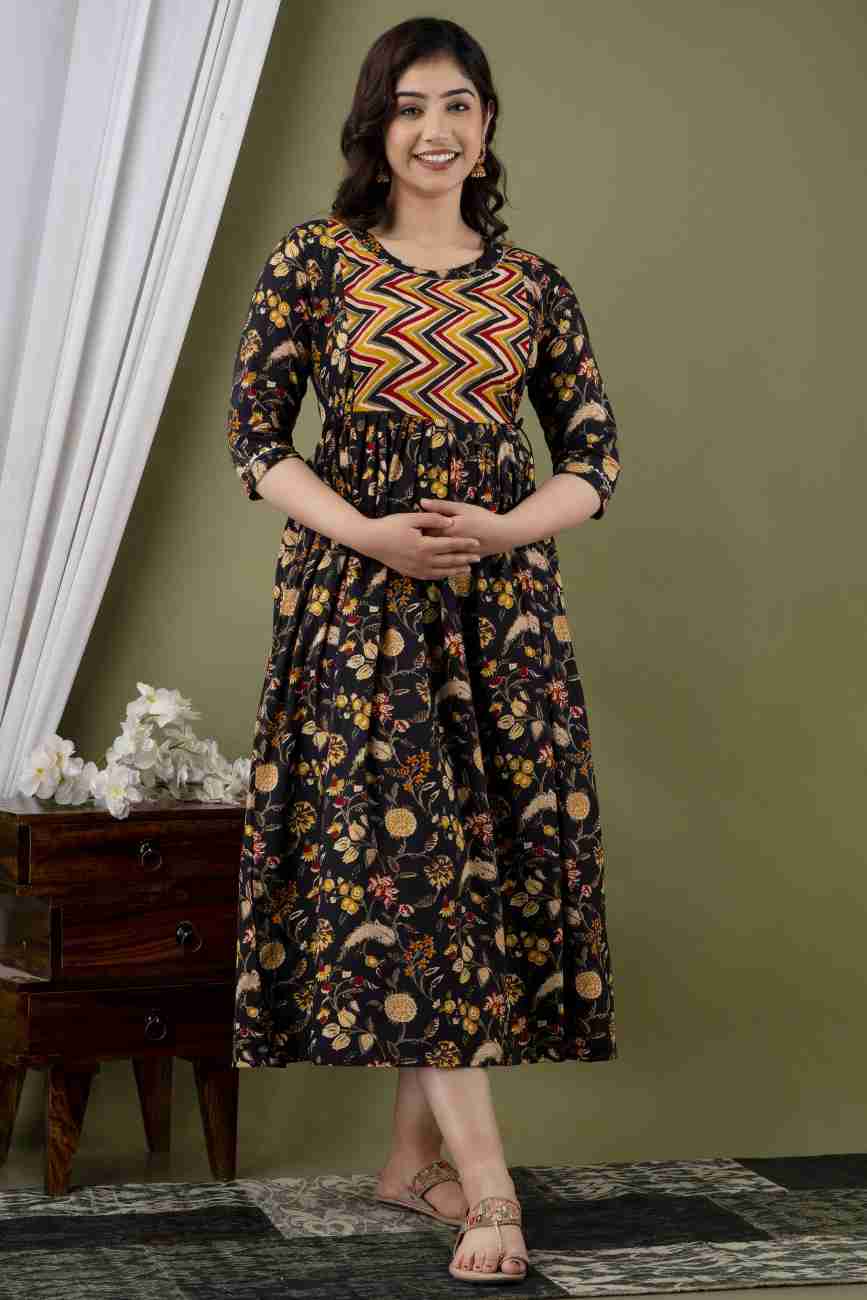 Hima Premium Cotton Anarkali Feeding & Maternity Kurti – 48 Inch Length, 2 Side Zips All-Day Comfort for Moms (Black)