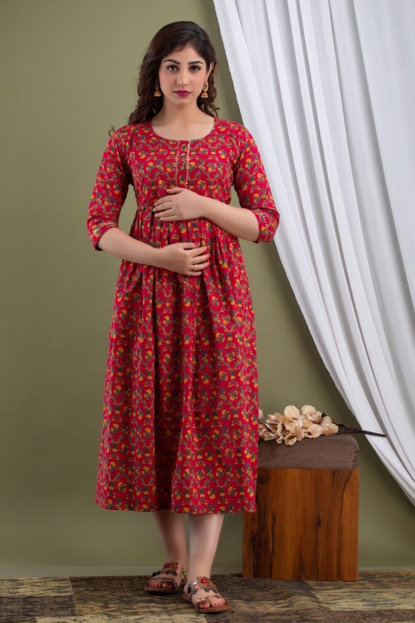 Hima Premium Cotton Anarkali Feeding & Maternity Kurti – 48 Inch Length, 2 Side Zips All-Day Comfort for Moms (Red))