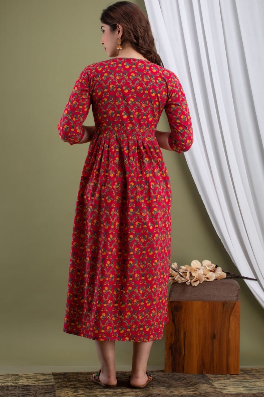 Hima Premium Cotton Anarkali Feeding & Maternity Kurti – 48 Inch Length, 2 Side Zips All-Day Comfort for Moms (Red))