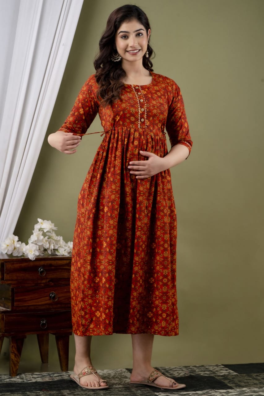 Hima Premium Cotton Anarkali Feeding & Maternity Kurti – 48 Inch Length, 2 Side Zips All-Day Comfort for Moms (Light Brown)