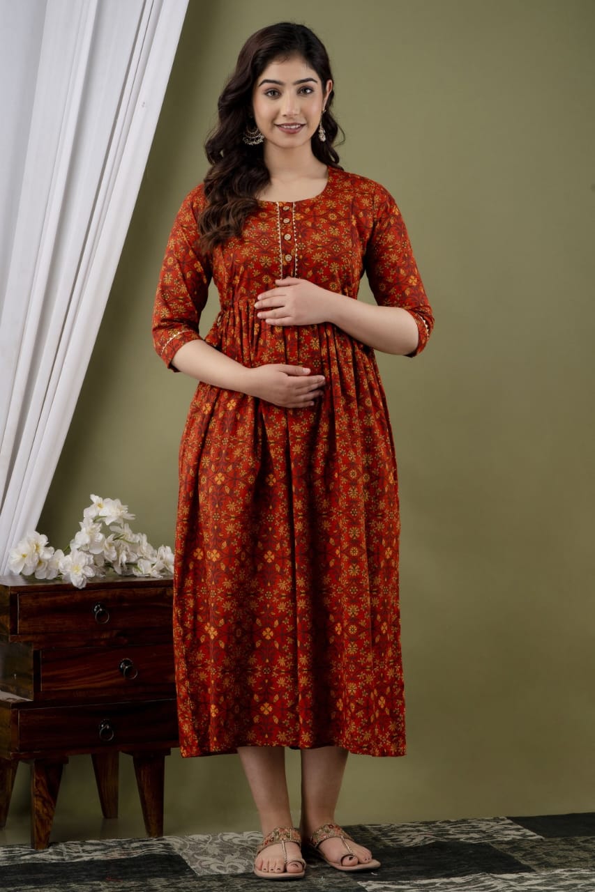 Hima Premium Cotton Anarkali Feeding & Maternity Kurti – 48 Inch Length, 2 Side Zips All-Day Comfort for Moms (Light Brown)