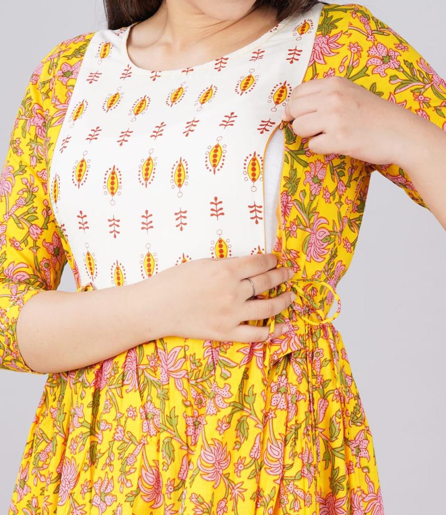 Hima Premium Cotton Anarkali Feeding & Maternity Kurti – 48 Inch Length, 2 Side Zips All-Day Comfort for Moms (Yellow-White)