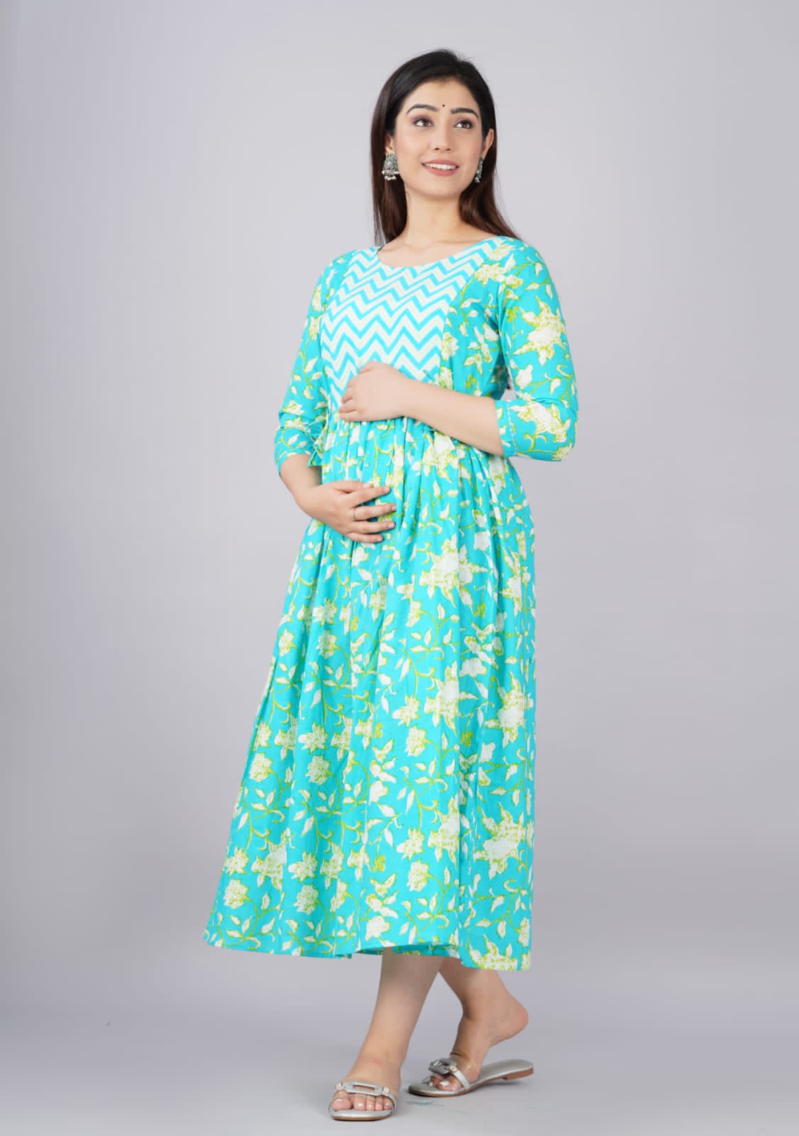 Hima Premium Cotton Anarkali Feeding & Maternity Kurti – 48 Inch Length, 2 Side Zips All-Day Comfort for Moms (Sky)