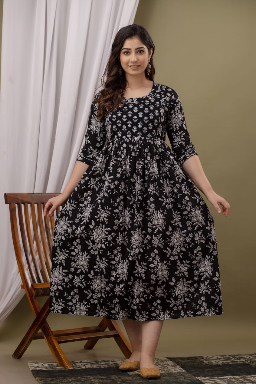 Hima Premium Cotton Anarkali Feeding & Maternity Kurti – 48 Inch Length, 2 Side Zips All-Day Comfort for Moms Black