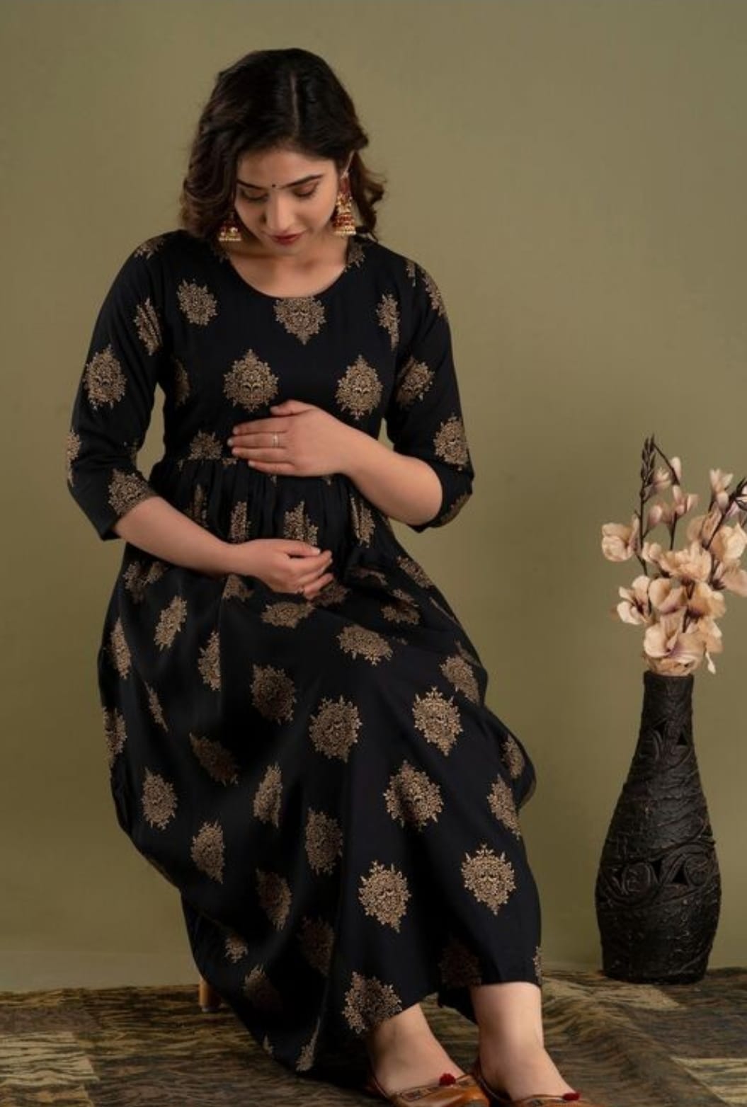 Hima Premium Cotton Anarkali Feeding & Maternity Kurti – 48 Inch Length, 2 Side Zips All-Day Comfort for Moms (Black)