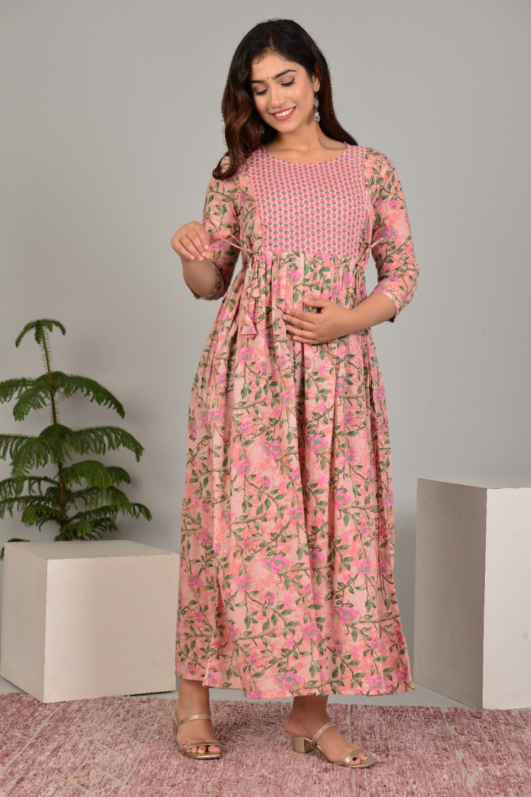 Hima Premium Cotton Anarkali Feeding & Maternity Kurti – 48 Inch Length, 2 Side Zips All-Day Comfort for Moms (Peach Green)