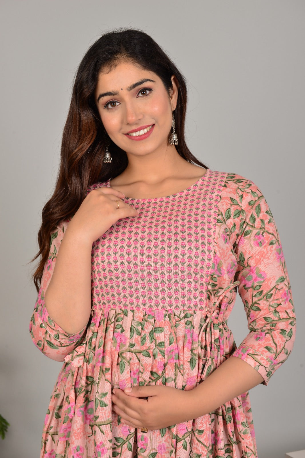 Hima Premium Cotton Anarkali Feeding & Maternity Kurti – 48 Inch Length, 2 Side Zips All-Day Comfort for Moms (Peach Green)