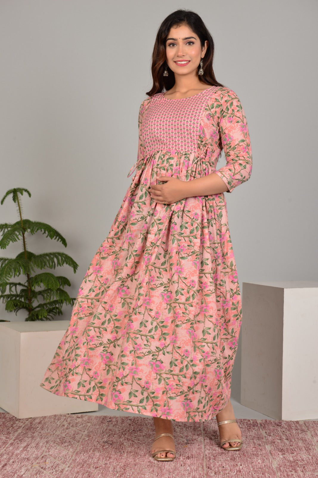 Hima Premium Cotton Anarkali Feeding & Maternity Kurti – 48 Inch Length, 2 Side Zips All-Day Comfort for Moms (Peach Green)